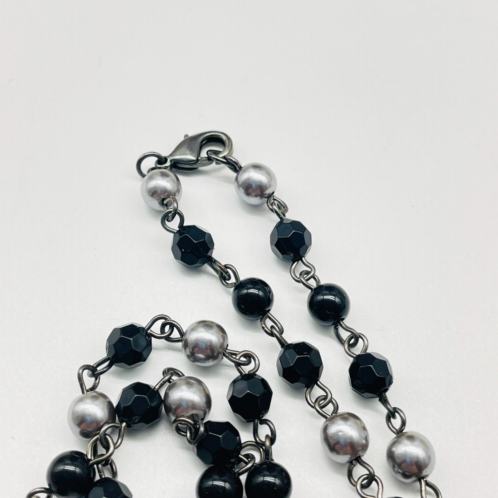 Heart Pendant Necklace Black Beaded Chain Silver Tone Long Fashion Jewelry - Picture 6 of 7